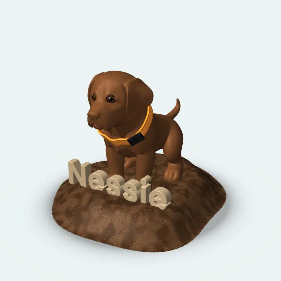 3D model preview of a brown lab puppy named Nessie on a dirt mound