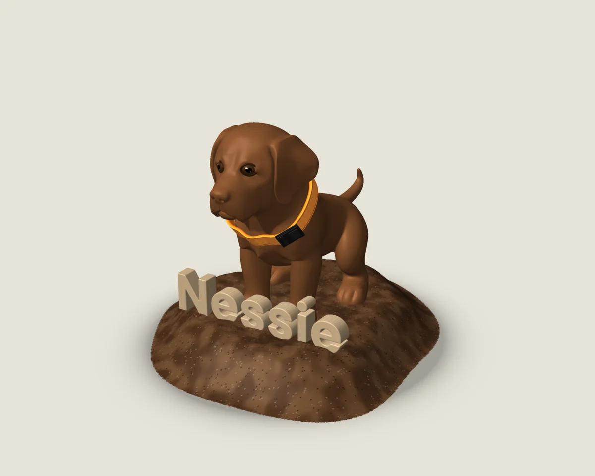 A 3D printed brown Labrador puppy with an orange collar standing on a dirt mound with the name Nessie in front