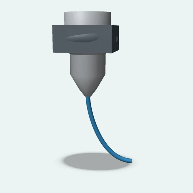 A heated nozzle extruding a strand of filament
